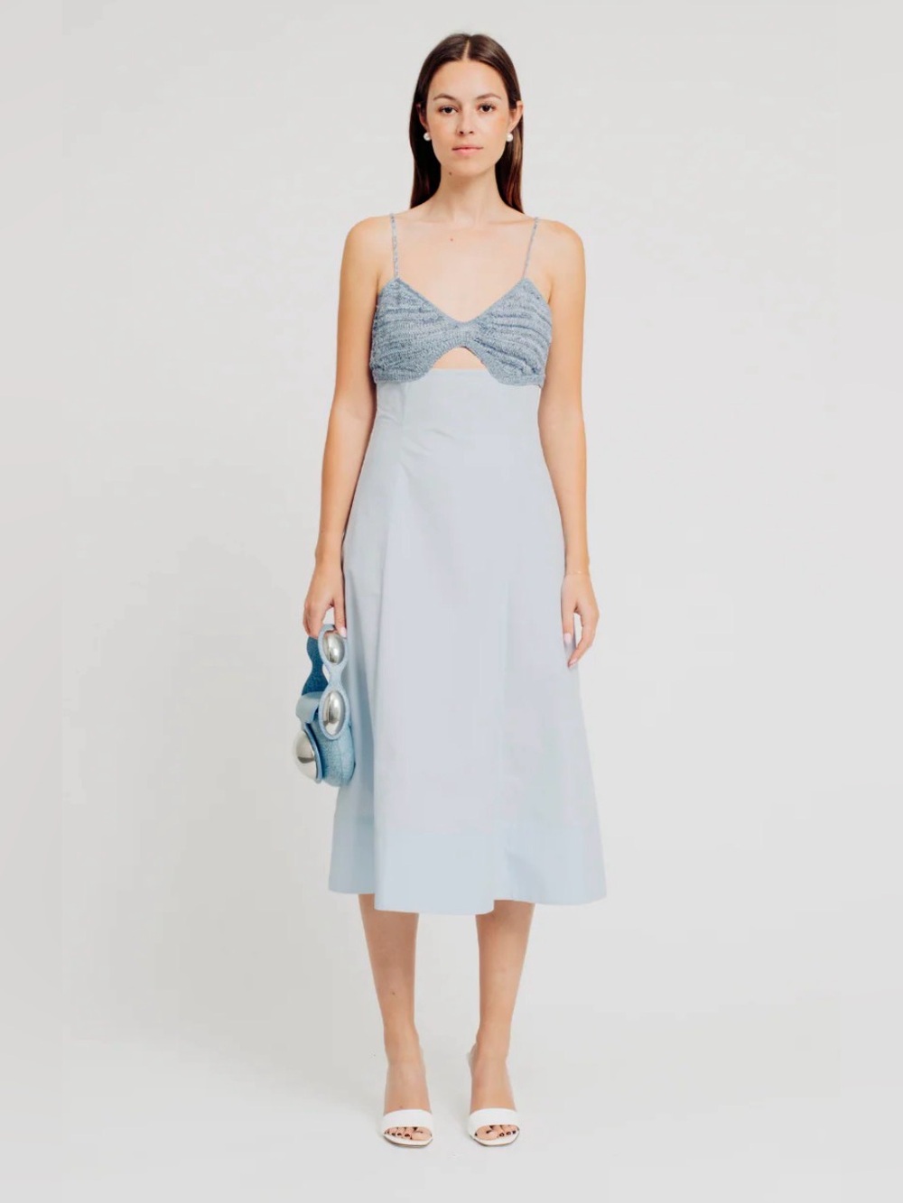 NWT Ronny Kobo Romy Pointelle Knit Cutout Midi Dress Blue